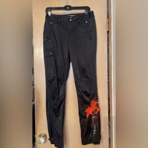 Ralph Lauren black satin cargo pants orange phoenix embroidery Sz 4